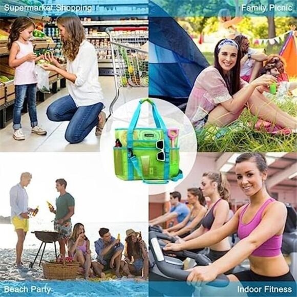 Mesh Beach Bag 40L Large with 9 Pockets Bag Green - Picture 4 of 6